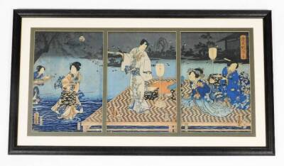 A Japanese woodblock triptych, depicting a geisha in flowing kimono making her way across shallow to a party on a pier, signed Toyokuni, 36cm x 77cm.