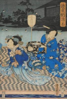 A Japanese woodblock triptych, depicting a geisha in flowing kimono making her way across shallow to a party on a pier, signed Toyokuni, 36cm x 77cm. - 4