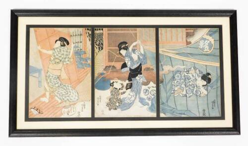 A Japanese woodblock triptych, titled "View of a Storm" depicting women and a child within rooms dealing with the aftermath of damage inflicted by winds, signed Kunisada, 38cm x 84cm.