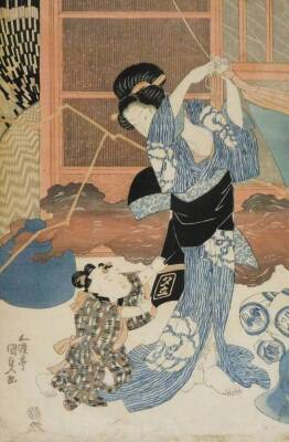 A Japanese woodblock triptych, titled "View of a Storm" depicting women and a child within rooms dealing with the aftermath of damage inflicted by winds, signed Kunisada, 38cm x 84cm. - 4