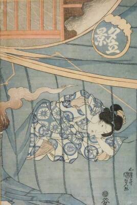 A Japanese woodblock triptych, titled "View of a Storm" depicting women and a child within rooms dealing with the aftermath of damage inflicted by winds, signed Kunisada, 38cm x 84cm. - 6