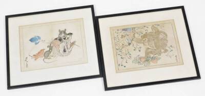 Two Japanese woodblock print by Kawanabe Kyosai (1831-1889), two rats nibbling on a fish head, the second monkeys with berries and persimmons, both from the series Kyosai Rakuga, 19cm x 26cm. (2)