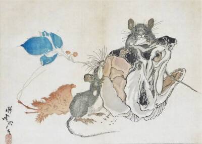 Two Japanese woodblock print by Kawanabe Kyosai (1831-1889), two rats nibbling on a fish head, the second monkeys with berries and persimmons, both from the series Kyosai Rakuga, 19cm x 26cm. (2) - 2