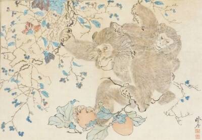 Two Japanese woodblock print by Kawanabe Kyosai (1831-1889), two rats nibbling on a fish head, the second monkeys with berries and persimmons, both from the series Kyosai Rakuga, 19cm x 26cm. (2) - 4