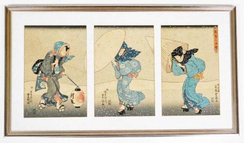 A Japanese woodblock triptych, "Abundant snow at the end of the year" by Utagawa Kunisada (also known as Utagawa Toyokuni III), 31cm x 65cm. Interestingly an example of this woodblock was in the collection of Claude Monet.