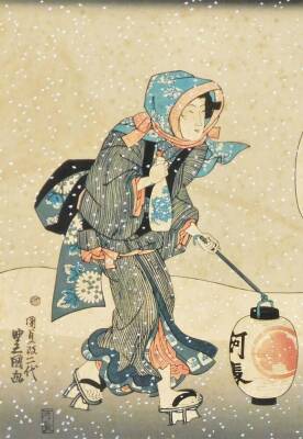 A Japanese woodblock triptych, "Abundant snow at the end of the year" by Utagawa Kunisada (also known as Utagawa Toyokuni III), 31cm x 65cm. Interestingly an example of this woodblock was in the collection of Claude Monet. - 2