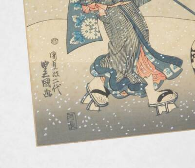 A Japanese woodblock triptych, "Abundant snow at the end of the year" by Utagawa Kunisada (also known as Utagawa Toyokuni III), 31cm x 65cm. Interestingly an example of this woodblock was in the collection of Claude Monet. - 3