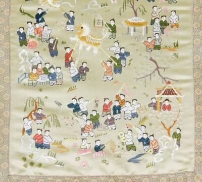 A Chinese silk embroidery, with a multitude of figures performing a dragon dance and celebrating with symbols, kites, lanterns, etc., 69cm x 41cm, framed and glazed. - 4