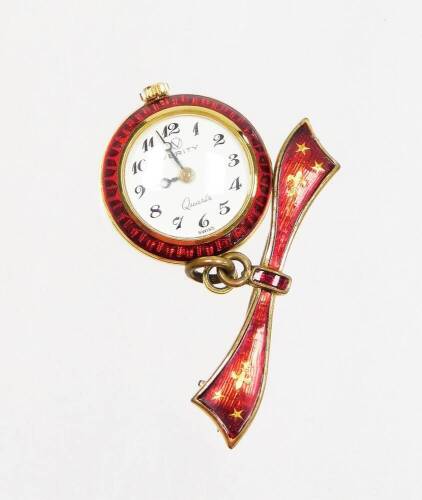 A Verity fob watch, with bow brooch top and small fob watch base, with red enamel and gilt decoration, on a gilt metal brooch back, the watch 2cm diameter.