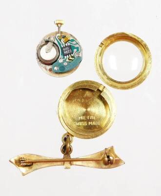 A Verity fob watch, with bow brooch top and small fob watch base, with red enamel and gilt decoration, on a gilt metal brooch back, the watch 2cm diameter. - 3