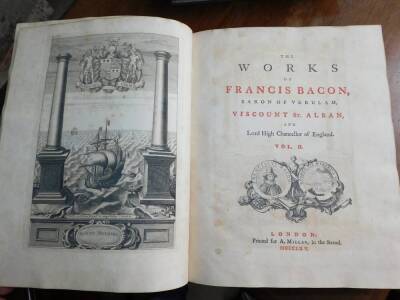 Bacon (Francis) THE WORKS 5 vol., engraved portrait frontispiece, engraved title vignettes, titles in red and black, fine sprinkled Morocco, tooled in gilt spines gilt, morocco spine labels, large 4to, A. Millar, 1765. - 4