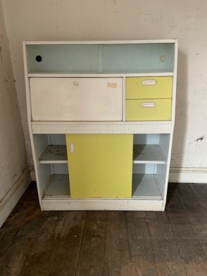 A 1960's kitchen cabinet, 136cm high, 107cm wide, 43cm deep.