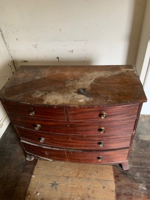 A Regency mahogany bow front chest, of two short and three long drawers with some knob handles and splay feet, 99cm high, 105cm wide, 60cm deep. (AF-condition poor as illustrated and missing back leg) - 2