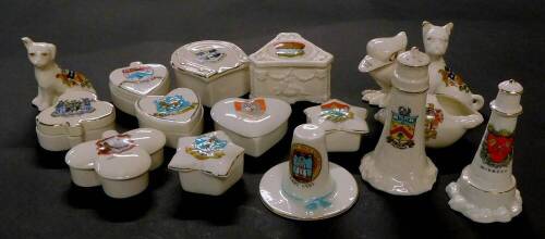 Grafton Carlton and other crested china, including a Glad Eyes Bird, Arms of Cheltenham., moulded box, Arms of Dartmouth., playing card suit boxes, Welsh hat, Arms of Holyhead., dogs, lighthouses, etc. (a quantity)