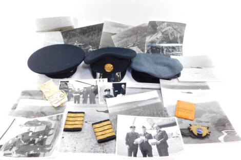 A German naval beret by Karl Tsken 1962, RAF cap by Compton Webb, size 7 1/8., US peaked cap, naval captain's epaulets, cap badges, black & white military photographs, etc. (a quantity)