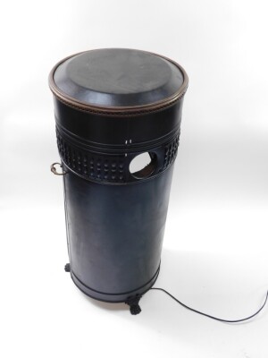 A Belgian early 20thC black tin and brass paraffin heater, converted to an electric floor lamp, of cylindrical form, raised on three paw feet, 82cm high, 36cm diameter. - 3