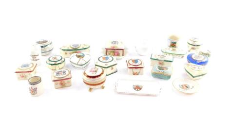 English and Continental crested china trinket boxes, of square, circular and heart shaped form, Royal Worcester pin dish decorated with the Arms of Worcester, miniature mug with silver collar, Arms of The City of London, etc. (a quantity)