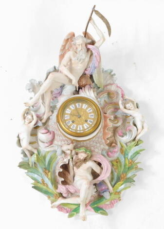 A Meissen style 19thC porcelain wall clock, circular embossed brass dial with Roman enamel numerals, eight day French movement, indistinctly signed, with bell strike, the rococo scroll case surmounted with a winged figure of time, above a figure of Neptun