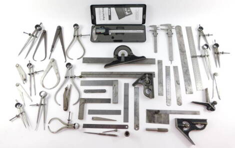 Calipers, set squares and rulers, including Moore & Wright, Sandow XX brand, I & D Smallwood, etc. (a quantity)