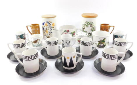Portmeirion pottery, including six coffee cans and saucers decorated in the Greek Key pattern, Pomona pattern preserve pot, storage jars, two Totem pattern coffee cups and a Birds of Britain container. (a quantity)