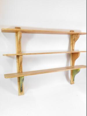 A set of three Victorian pine scullery shelves, with shaped end supports, 138cm high, 199cm wide. - 2