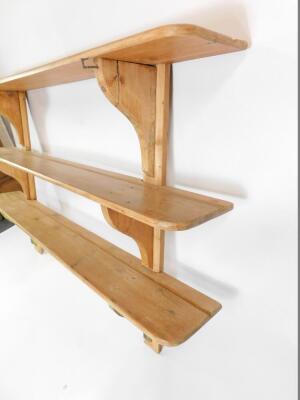 A set of three Victorian pine scullery shelves, with shaped end supports, 138cm high, 199cm wide. - 4