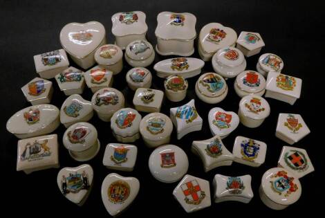 Grafton Carlton and other crested china ointment boxes and covers, and further dressing table boxes and covers, including Arms of Wembley 1925., Durham College of Medicine, Newcastle on Tyne., Ancient Arms of Bedford., Chasetown., Much Wenlock., and Clact