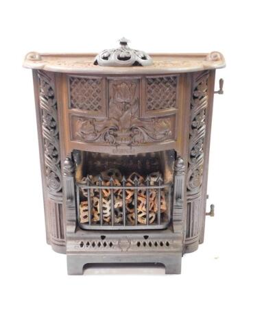 A Callon Bilston cast iron gas fire, of serpentine form, cast with Art Nouveau floral motifs, acorns and oak leaves, 56cm high, 52cm wide, 19cm deep.