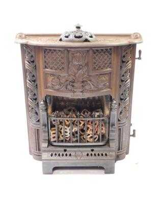 A Callon Bilston cast iron gas fire, of serpentine form, cast with Art Nouveau floral motifs, acorns and oak leaves, 56cm high, 52cm wide, 19cm deep.