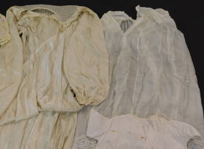 Vintage costume, including a 1930's ivory wedding dress, net veil and train, with floral headband, silk and lace christening gown, child's smock, lace veil, and woollen ware. (a quantity) - 5