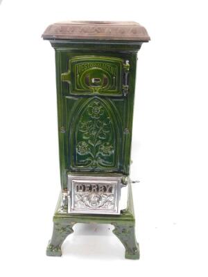 A Nestor-Martin Derby late 19thC cast iron and enamel stove, of rectangular column form, moulded with flowers, with a polished white metal door, raised on four scroll feet, 91cm high, 34cm wide, 32cm deep.