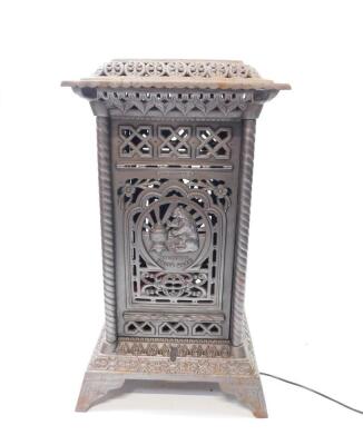 An Omega late 19thC cast iron heater, patent no 22153., of square form, cast with a bear and burner motif, flowers and leaves, the lid stamped Omega Hot Air System, N.A., raised on bracket feet, loosely converted to electricity, 71cm high, 39cm diameter.