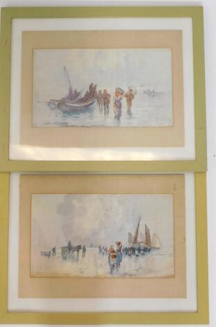 M Dukker (Dutch, late 19thC/early 20thC). Coastal seascapes with fishing folk, a pair of watercolours, signed, 21.5cm high, 37cm wide.