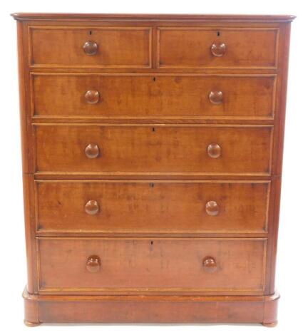 A Victorian mahogany chest, of two short over four long graduated drawers, raised on a bracket base, over bun feet, 143cm high, 119cm wide, 55cm deep.