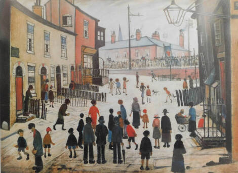 After Laurence Stephen Lowry (British, 1887-1976). A Procession, verso bears label 'Exclusively Framed by Worsley Framing', 31cm high, 41.5cm wide.