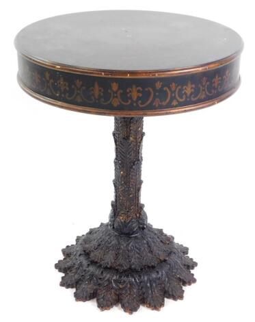 An Adam style wooden and plaster drum table, the circular top printed with classical paterae and swags, raised on a relief moulded stem and two tier relief moulded circular base, 69.5cm high, 55.5cm diameter. (AF)