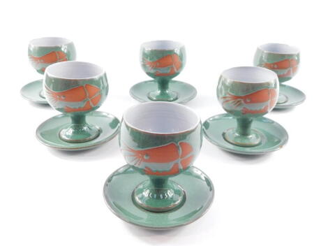 Six Wellhouse of Paignton green glazed prawn cocktail goblets and saucers, printed mark.