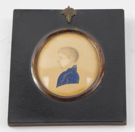 English School (Early 19thC). Miniature half length portrait of a boy, facing left, in a blue jacket, 72mm high, 61mm wide.