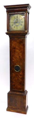 Jeremiah Hartley, Norwich, An early 18thC walnut longcase clock, the square brass 12 inch dial with subsidiary seconds dial, date aperture and Roman numerals, signed Jer. Hartley Norwich, within an ovoid cartouche , the rococo spandrels cast with crowns a