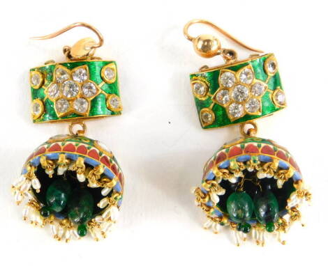 A pair of Indian enamel drop earrings, each with green enamelled top set with round brilliant cut diamonds, on a white and red enamel back, with a domed enamel drop, in green and red, set with red and white paste stones, with seed pearl drops, yellow meta