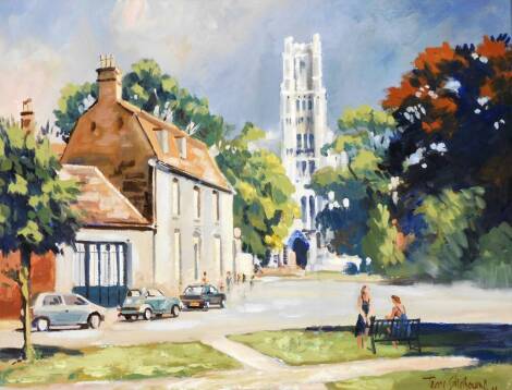 Terence Shelbourne (1930-2020). Street scene with church, oil on board, signed and dated '94, 49cm x 58cm, framed.