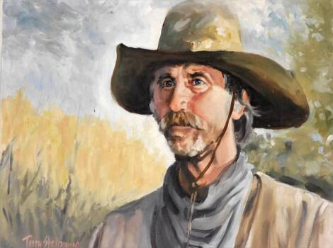 Terence Shelbourne (1930-2020). Lone cowboy, oil on canvas, signed and dated '05, 40cm x 50cm.