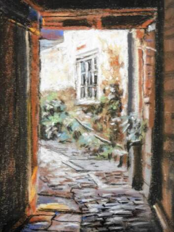 Terence Shelbourne (1930-2020). Street scene, pastel, titled 'Chewksbury' and dated '92, 27cm x 17cm, framed and glazed.