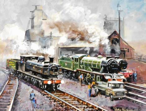 Terence Shelbourne (1930-2020). Railway scene, with three locomotives, oil on canvas, signed and dated '09, titled in pen to rear 'Grantham Locoyard Circa 1930-40', 39cm x 50cm, framed.