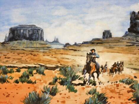 Terence Shelbourne (1930-2020). Cowboy scene, with riders in the desert, watercolour, signed and dated '06, 34cm x 44cm, framed.