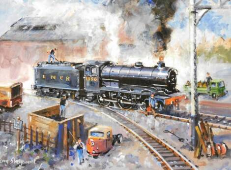 Terence Shelbourne (1930-2020). Locomotive scene, oil on panel, signed and dated '01, 27cm x 38cm, framed and glazed.