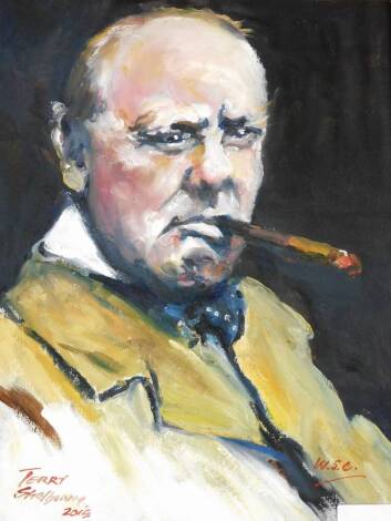 Terence Shelbourne (1930-2020). Portrait of a Winston Chruchill with cigar initialled W.S.C, oil on panel, signed and dated 2015, 49cm x 39cm, framed and glazed, with a photograph of Terry and the picture dated 2015 in biro. (2)