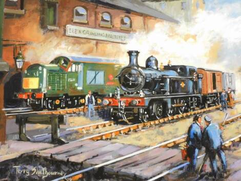 Terence Shelbourne (1930-2020). Locomotive scene, oil on panel, signed and dated '09, 39cm x 48cm, framed and glazed.