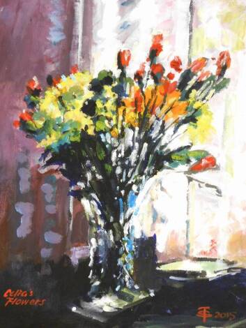 Terence Shelbourne (1930-2020). Celia's Flowers, oil on panel, signed and dated 2015, 44cm x 34cm, framed and glazed.