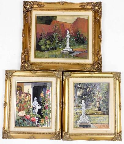 Terence Shelbourne (1930-2020). Garden scenes of flowers and statuary, oil on board, two signed and dated '89 and '91 the other unsigned, two 24cm x 19cm framed, and 24cm x 29cm. (3)